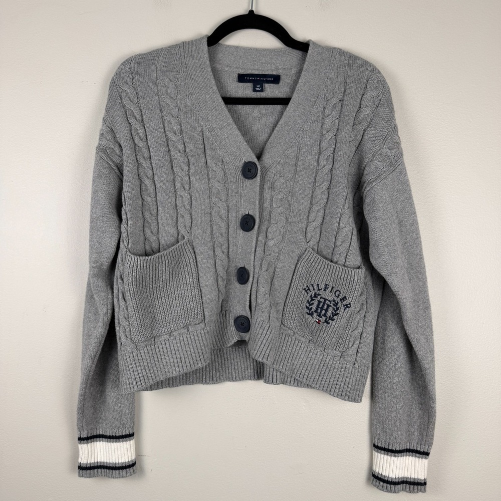Tommy Hilfiger Varsity Cardigan Sweater Women Small Gray Cable Knit Button Front